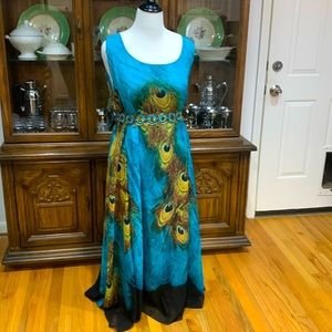 Blue dress with peacock feather designs. Size 5X